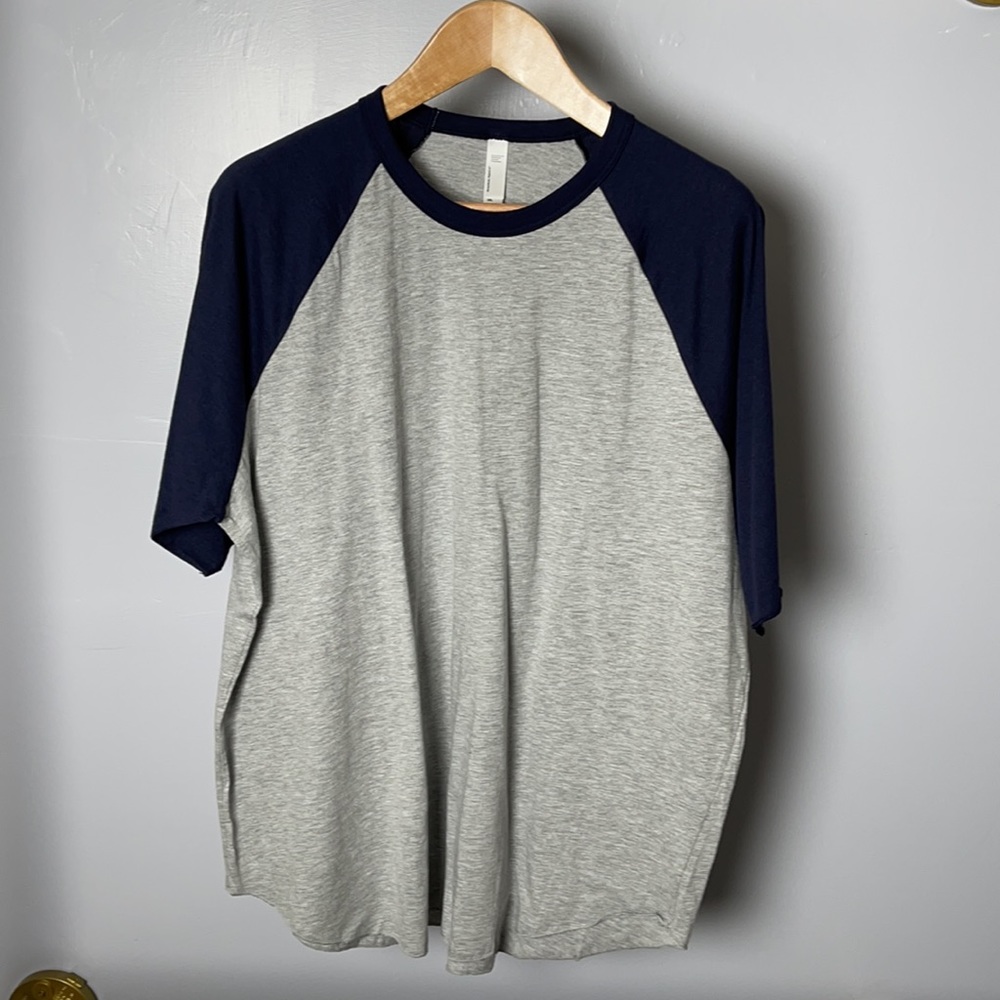 American Apparel Gray and Navy Raglan Short Sleeve Tee